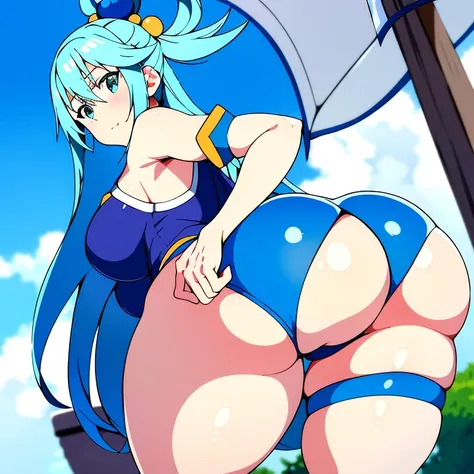 masterpiece, best quality, absurdres, perfect antomy, 1girl, Aqua konosuba, in back pose, show her booty, nice booty, close up ass. very sexy aqua, beautiful.