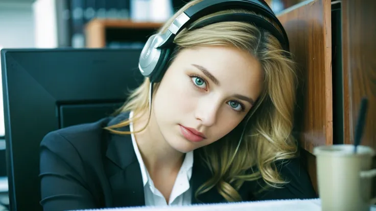 Beautiful blonde with big breasts in office casual (Big Station、Depressed),Wearing headphones,Very detailed, 21 years old, Innocent face, Naturally Wavy Hair, blue eyes, High resolution, masterpiece, Highest quality, Intricate details, Very detailed, Clear...