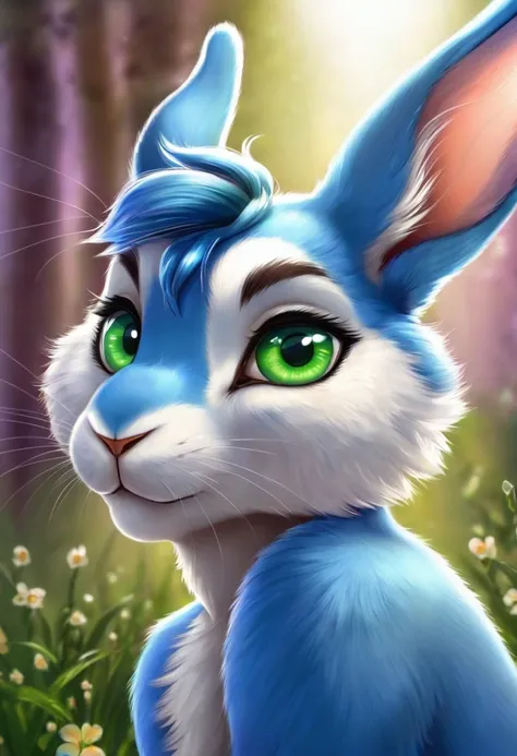 a blue male rabbit with a topknot and big green eyes