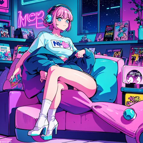 (masterpiece), Highest quality, Expressive eyes, Neon pastel aesthetics, Retro 90s, Neon color,((Girl sitting on sofa,In a cozy room,Records hanging on her wall, Comic books on the floor, Looking out the window behind her at the night city, Upholstered roo...