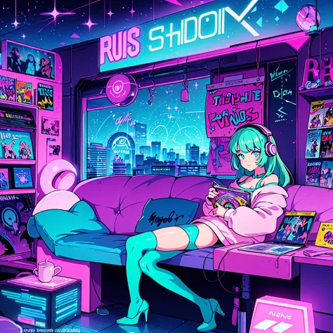 (masterpiece), highest quality, expressive eyes, neon pastel aesthetics, retro 90s, neon color,((girl sitting on sofa,in a cozy ...