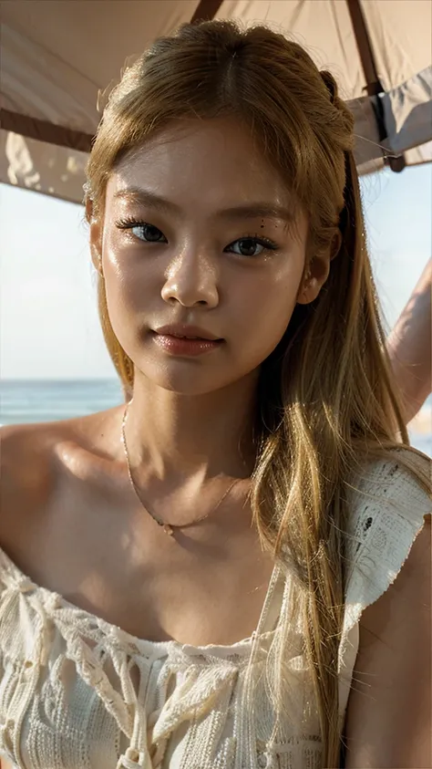 A woman with blonde hair taking a close-up on a beach with the face of Jennie Kim from Black Pink