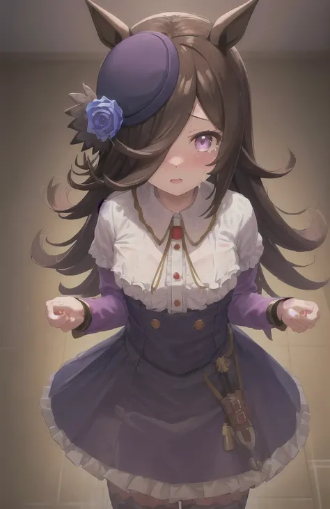 Rice Shower,(masterpiece),figure,(Rice Shower (umamusume)),Brown Hair,Long Hair,Purple eyes,Swept-apart bangs,Long bangs,Long Hair,Small breasts,Hair covering the right eye, No clothes,Are crying,rape,