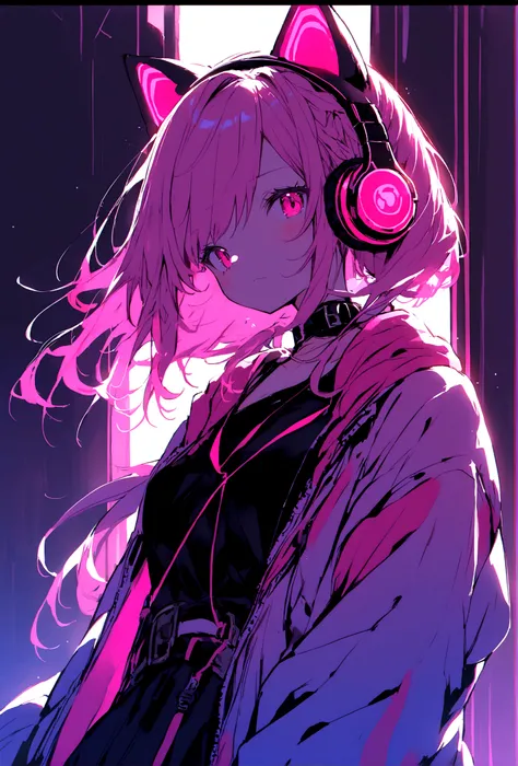 Pink Hair、Pink headphones with cat ears、Pink、Girl