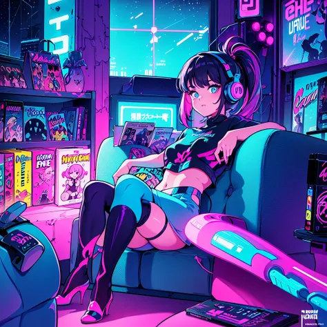 (masterpiece), highest quality, expressive eyes, neon pastel aesthetics, retro 90s, neon color,((girl sitting on sofa,in a cozy ...