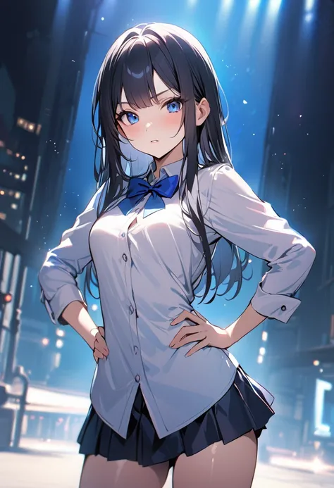 1 girl, long hair, black hair, straight hair, short bangs above brows, (hands on own hips:1.2), 
BREAK (masterpiece), (high resolution 8K), cinematic lighting, professional lighting, detailed eyes and face, detailed body, 
BREAK , white shirt, blue bowtie,...