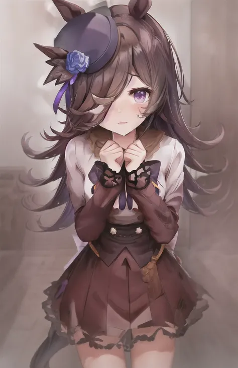 rice shower,(masterpiece),figure,(rice shower \(umamusume\)),brown hair,long hair,purple eyes,swept-apart bangs,long bangs,long ...