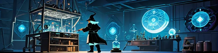 Techno-mages laboratory":
"Depict a fantastic laboratory where scientific instruments coexist with magical artifacts. In the foreground, a maker-wizard creating a holographic projection of an NFT artifact. Around him, miniature drones resembling fairies ar...