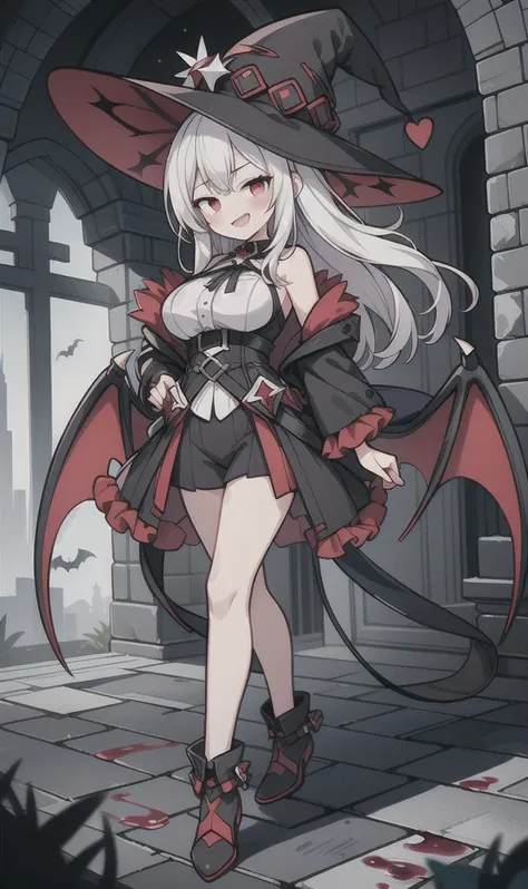 8k,  1girl, solo, adult, sexy vampire, white long hair, blood red eyes, showing fangs, bat wings, smile, (blush), (shy), looking...