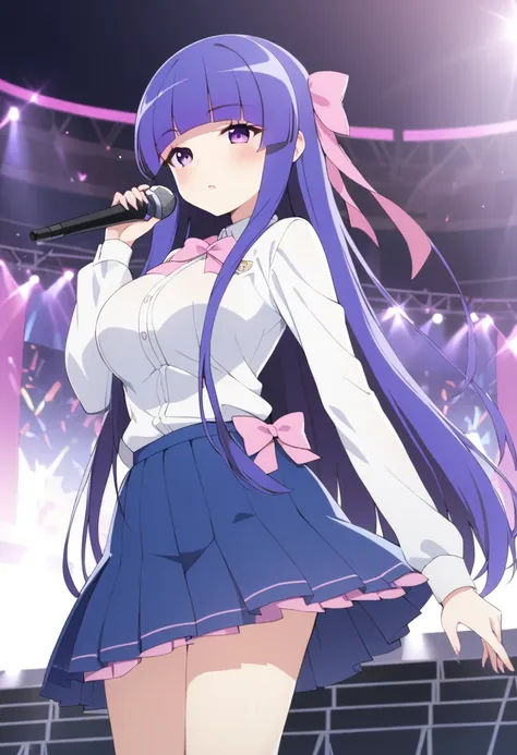 furuderika, long hair, purple eyes, blue hair, blunt bangs, , pink bow, skirt, , large breasts, , pink bow, skirt,　live stage