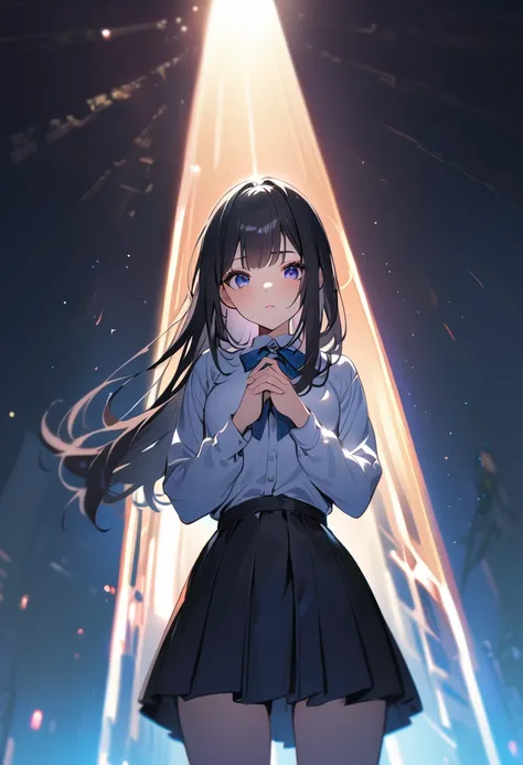 1 girl, long hair, black hair, straight hair, short bangs above brows, (own hands together:1.2), 
BREAK (masterpiece), (high resolution 8K), cinematic lighting, professional lighting, detailed eyes and face, detailed body, 
BREAK , white shirt, blue bowtie...