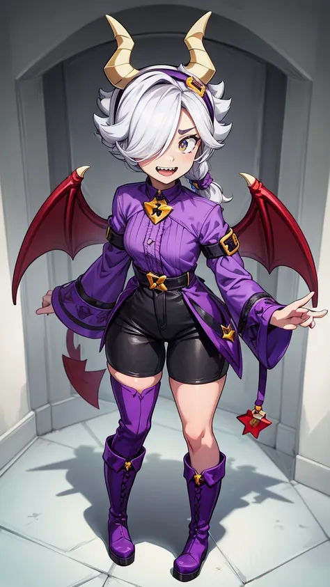 colettetrixie, red skin, sharp teeth, hair over one eye, hairband, demon horns, colored sclera, purple shirt, purple shorts, dem...