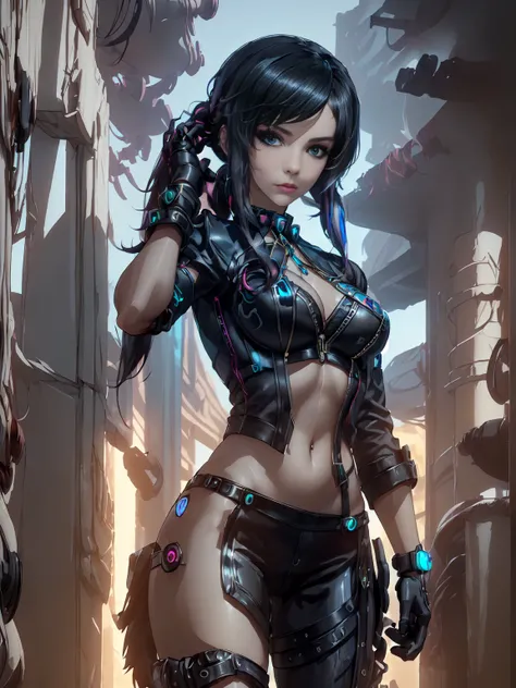 (masterpiece, best quality, aesthetic:1.4), 1girl, Cyberpunk, futuristic, Yelan, BREAK, symmetrical face, highly detailed face, black hair, long hair, ponytail, holographic interface, BREAK, crimson eyes, highly detailed eyes, BREAK, large breasts, leather...