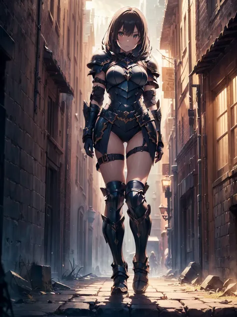 (((masterpiece, best quality, 8k))) Design a layout showcase Gaming character, (1girl),((perfect face, high detailed face)). Black+Gold full body intricate armor, opulent and dark, ((showcase weapon:1.4)), cursed blade, (masterpiece:1.2), (best quality), 4...