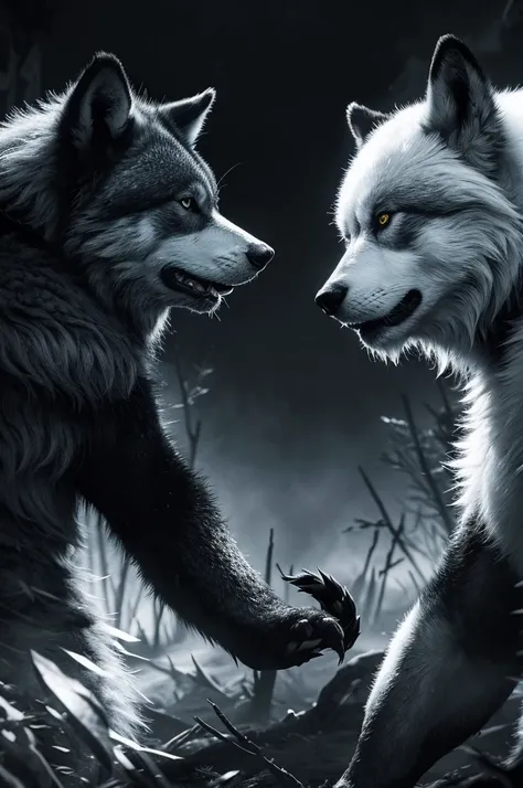 "A majestic wolf king facing off against a heroic panda warrior, dramatic lighting, epic fantasy scene, detailed fur textures, contrasting black and white fur, intense eyes, regal poses, mystical forest background, cinematic composition, 4K resolution"
