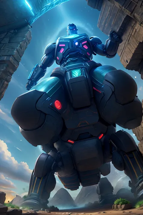 a giant robot with extremely muscular body, climbing up a magical beanstalk, 8k, highly detailed, photorealistic, cinematic lighting, epic fantasy, dramatic, dynamic pose, intricate mechanical design, glowing energy effects, vibrant colors