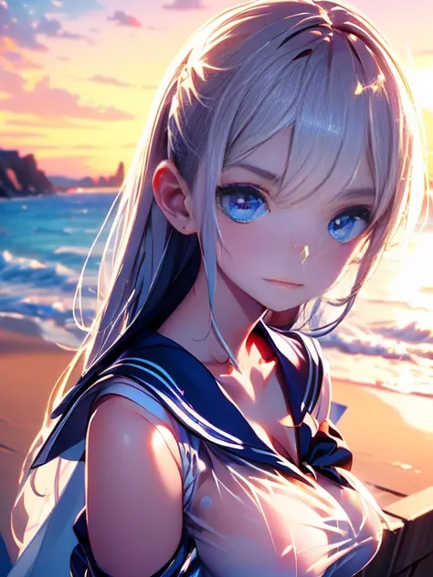 ((( See-through sailor shirt, No sleeve, Open Front))), (((Large Breasts))), (((Showing cleavage))), close, Highly detailed CG synthesis 8k wallpaper, Very beautiful 8K CG wallpaper, (masterpiece, Highest quality), High resolution, Super detailed, Ultra Sh...