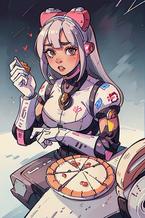 araffe dressed in a silver corset, sitting at the table with a plate of pizza, cyberpunk art inspired by hedi xandt, tumblr, ret...