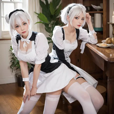 , white tights, white hair, maid