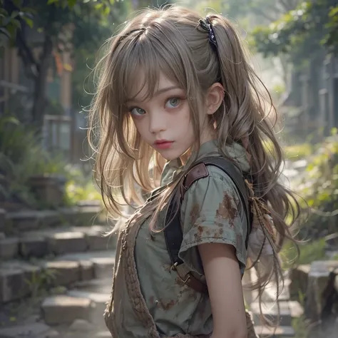 (masterpiece, Highest quality, 1 Girl, alone) In the ruins of the zombie apocalypse, 美しいアメリカの金髪の十代のto be born存者, ( Half Body Shot, There are many freckles on the face, Slim figure, Messy hair with short sides, Hazel green eyes), I&#39;m tired but I won&#39...