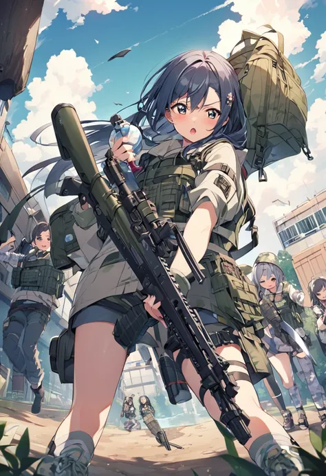 lovelive　Sakurazaka Shizuku　Camouflage　machine gun　Survival knife　Grenade