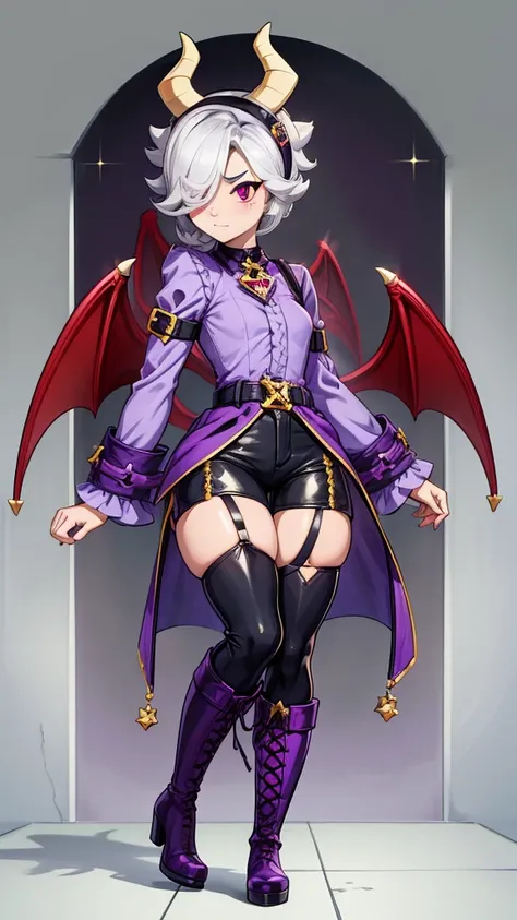 colettetrixie, red skin, sharp teeth, hair over one eye, hairband, demon horns, colored sclera, purple shirt, purple shorts, dem...