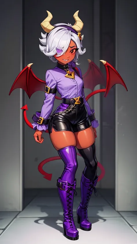 colettetrixie, red skin, sharp teeth, hair over one eye, hairband, demon horns, colored sclera, purple shirt, purple shorts, dem...