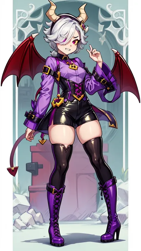 colettetrixie, red skin, sharp teeth, hair over one eye, hairband, demon horns, colored sclera, purple shirt, purple shorts, dem...