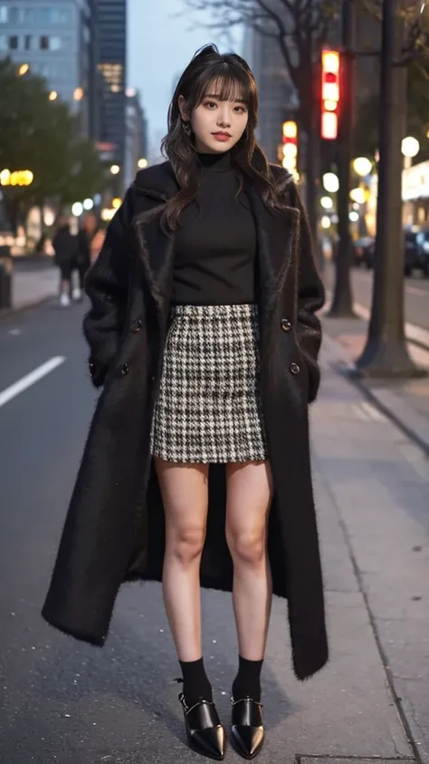 outdoor,girl wearing elegant long coat,knit tops and houndtooth patterned mini skirt,pumps and black color ankle socks,fullbody standing street photo,confident face,shiny long hair,idol Instagram photo.skincolor pantyhose,