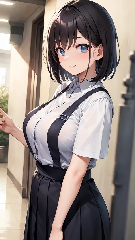 In the school hallway、A beautiful 40-year-old plump woman with short black hair and dark eyes stands。She is wearing a stylish short-sleeved shirt、the skirt is tight and、Large breasts are emphasized。Located in the area around the station。She put her arms ar...