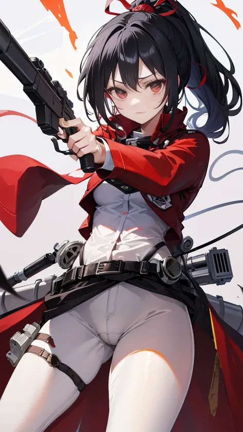 (masutepiece:1.2, Best Quality),  [1 girl, expressioness, oversized red coat, Black hair, high ponytail, Red Eyes, fire shaped bruise on the temple,white inner onthe  light purple kimono ,black tights ,  (Holding a Weapon, Holding a Rifle, Aiming, Aiming:1...