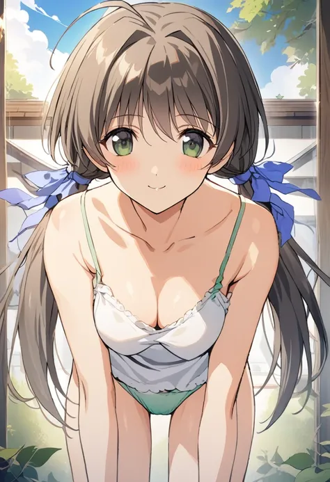 One girl,Hotaru、smile、Gentle expression、Welcome、The whole body is shown、Leaning forward、Cleavage、noon、Rural Scenery、wariza、looking viewer,Cute white camisole,panty shot,Light green panties、A complete depiction of the human body、masterpiece, Highest quality...