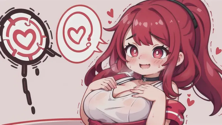 1girl,heart-shaped pupils,fingernails,hands on own face,red hair,red eyes,(blush:1.1),choker,upper body,trembling,sweat,sweatdrop,heart,(speed lines:1.1),medium breasts, ((heavy breathing:1.3)), love, heart, crop top, happy, smile
