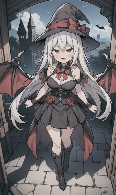 8k,  1girl, solo, adult, sexy vampire, white long hair, blood red eyes, showing fangs, bat wings, smile, (blush), (shy), looking...