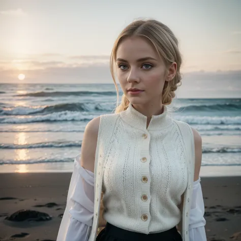 an icelandic woman with beautiful Delicate eyes, Beautiful and delicate lips, Extremely detailed face and skin, Pale skin, 23 years old, Standing on the beach at sunset in Iceland, Wearing a stylish white wool vest and black skirt, Long eyelashes, Good ana...