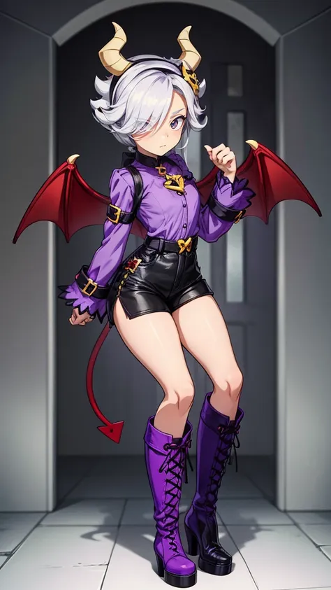 colettetrixie, red skin, sharp teeth, hair over one eye, hairband, demon horns, colored sclera, purple shirt, purple shorts,slim...