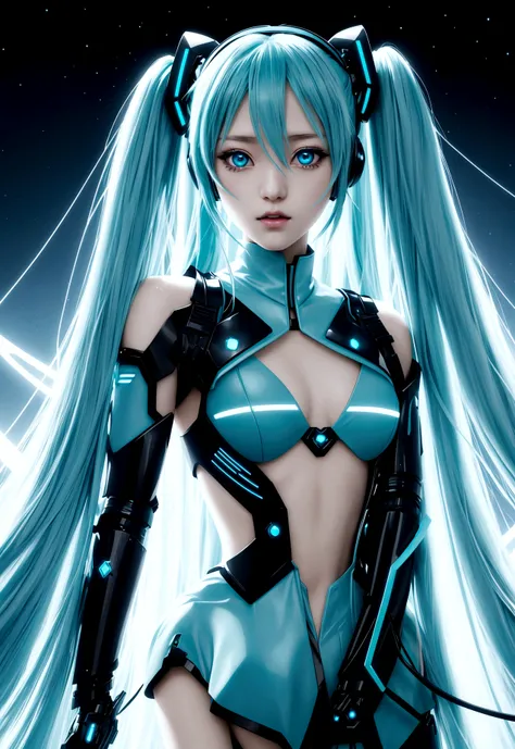 Miku Hatsune waifu, Blue long hair, with futuristic electronic clothing, blue starry eyes, hatsune miku, very delicate looking like a kpop idol