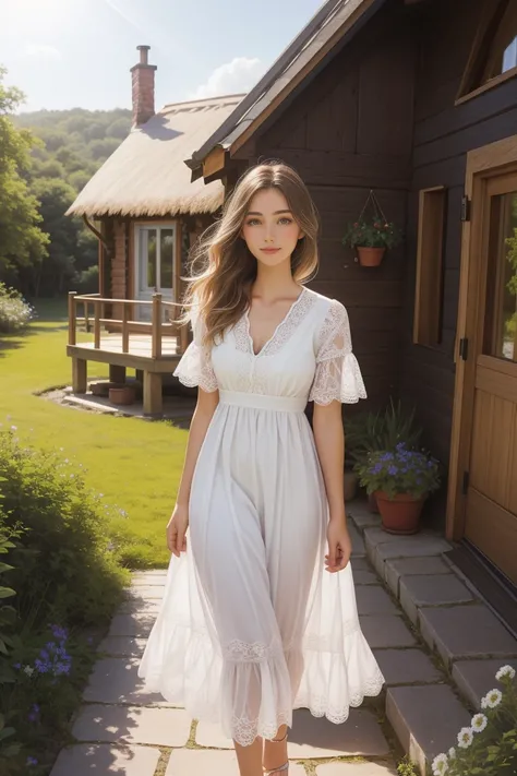 A beautiful woman with light delicately filtering through her hair, her summer dress is beautiful and shes standing in front of a cottage