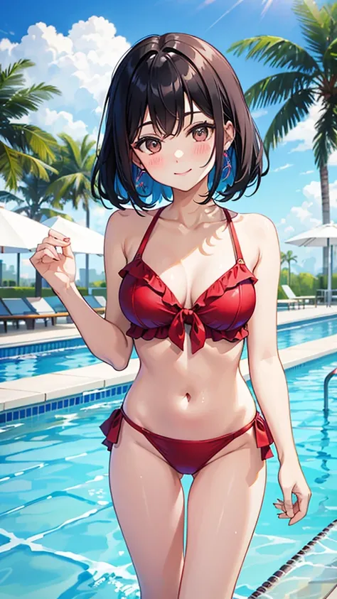 Colorful high leg swimsuit　Medium hair with black hair　blush　smile　standing facing this way　Pool