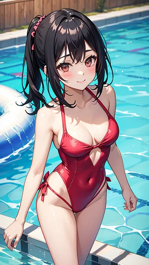 Colorful high leg swimsuit　Medium hair with black hair　blush　smile　standing facing this way　Pool