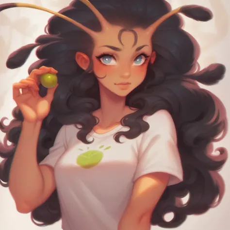 1woman,Alien antennae,Color: lime green ,Large, smooth tail (just like a cats),Color: lime green, solo, 69 (symbol), Black hair,long hair , Light blue eyes, fluffy hair,White T-shirt,Fechin, oil painting, anime/Cartoon style 🌌