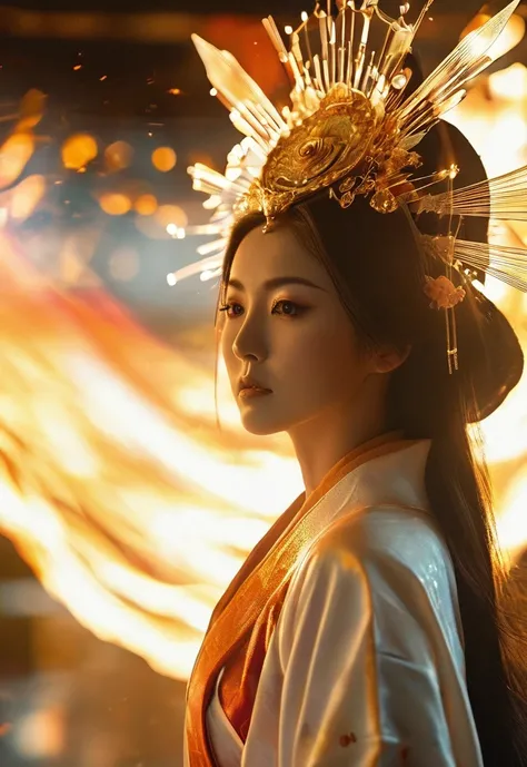 Full body photo of a beautiful girl,（Japanese Goddess Amaterasu）Cinematic shots, (Sharp focus:1.5), (Realistic:1.4),（Well-formed face）, Morning sun lighting, Volumetric lighting, Ultra-high resolution, 16K,Dramatic lighting, Abstract background：1.5）（Sun Go...