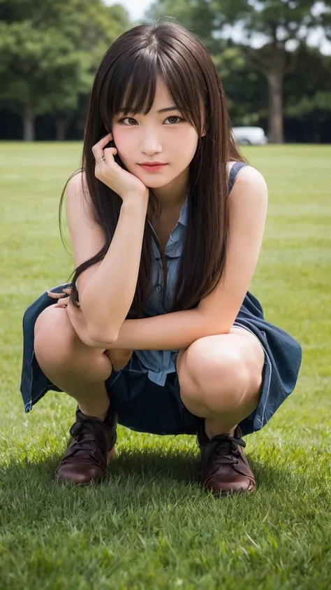 1 Female,((One girl)),((16 years:1)), cowboy_shot,(from_front:1.8),Eye of the worm,squat,Hug your feet, (On the grass:1.3),10 generations, Very young,純真なbeautiful少女たち, Idol&#39;s face, Delicate girl:1,Raise one leg, (Sole, それfrom:1.2), (barefoot:1.5),(Scho...