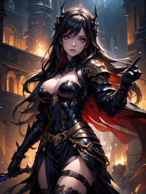 A dark and cursed female game character, wearing ornate black and gold armor, wielding a cursed blade, with dark vambraces and cursed boots, in a gloomy, atmospheric lighting, full body shot, (best quality,4k,8k,highres,masterpiece:1.2),ultra-detailed,(rea...