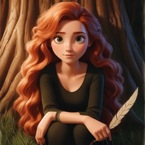 a close up of a cartoon girl with long hair sitting in front of a tree, portrait of princess merida, disney art style, disney ch...