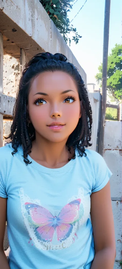 one young woman, with a space suit, bblack hair, shining brown eyes