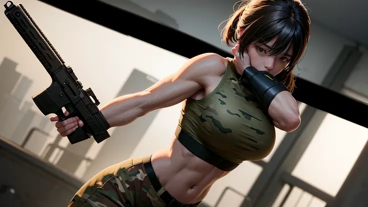 A girl in the army, wearing a tight-fitting uniform highlighting her athletic body, a short top, and camo pants, carrying a Glock 9mm. Dynamic posing, detailed musculature, vibrant color palette, anime style, hyperdetailed, intense expression, 8k resolutio...