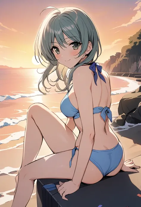 One girl,Kaoru、smile、Gentle expression、Welcome、The whole body is shown、Leaning forward、Cleavage、sunset、Seaside、Sitting、Leg spread、looking back,Light blue bikini、from behind,A complete depiction of the human body、masterpiece, Highest quality, Game CG, 