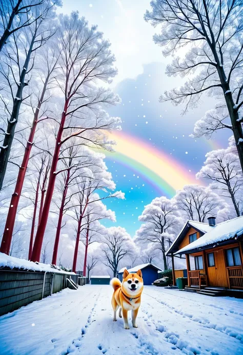 landscape photo of snowing winter, garage house , ultra low angle, running white Shiba-Inu, lot of trees, lomography, cloudless sky with rainbow