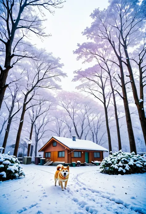 landscape photo of snowing winter, garage house , ultra low angle, running white Shiba-Inu, lot of trees, lomography, cloudless sky with rainbow